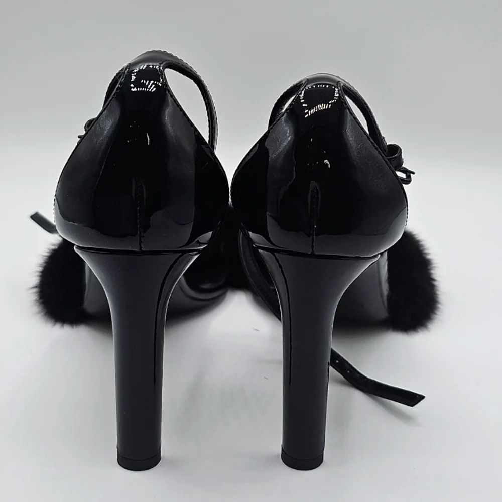 Saint Laurent Black Fur Strap Heels 37 1/2 - Picture 7 of 16